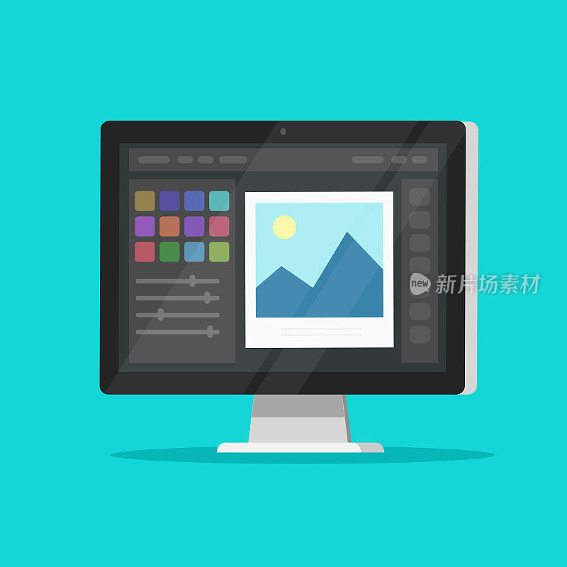 Photo or graphic editor on desktop computer monitor vector icon, flat cartoon pc screen with design or image editing software or program symbol isolated image